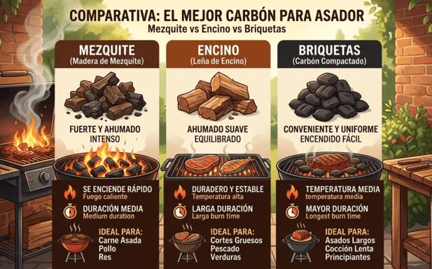 Qual es el mejor carbón para asador: Mezquite vs Encino vs Briquetas
